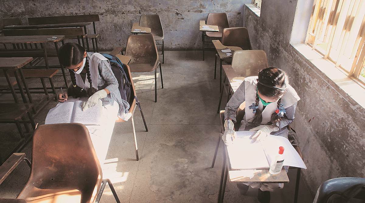 Class 9 students at a government school in Noida after the school reopened following the lockdown. (File/Abhinav Saha)