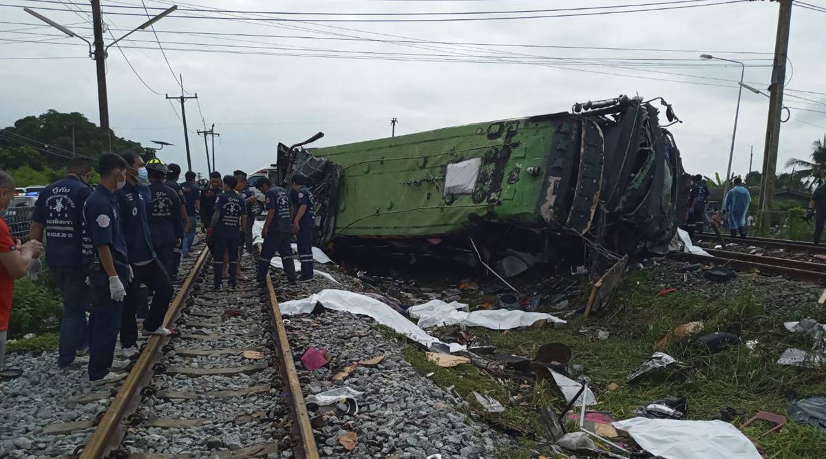 Bus-train collision in central Thailand leaves 17 dead