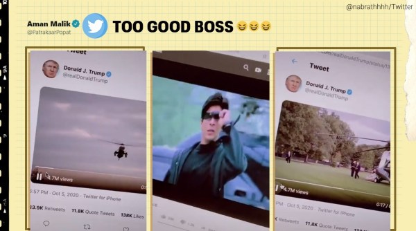 doanld trump, trump white house arrival, trump helicopter arrival srk, trump kabhi khushi kabhi gham arrival, trump srk entry spoof, trump covid, trending news, indian express