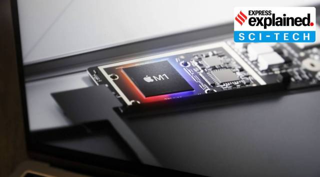 The Apple M1 computer chip icon during a virtual product launch in Tiskilwa, Illinois, U.S., on Tuesday, Nov. 10, 2020. (Bloomberg Photo: Daniel Acker)