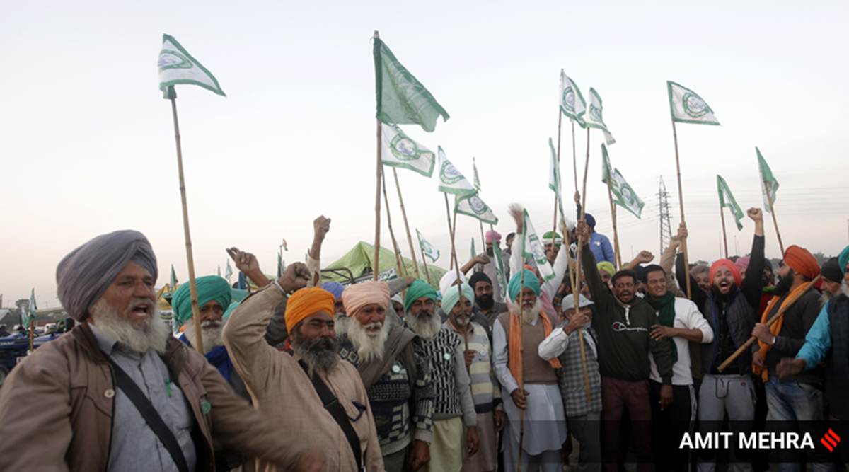 Farmers gathered at camps in Burari as part of their Delhi Chalo protest against the Centre's new farm laws on Saturday, November 28, 2020. (Express photo by Amit Mehra)