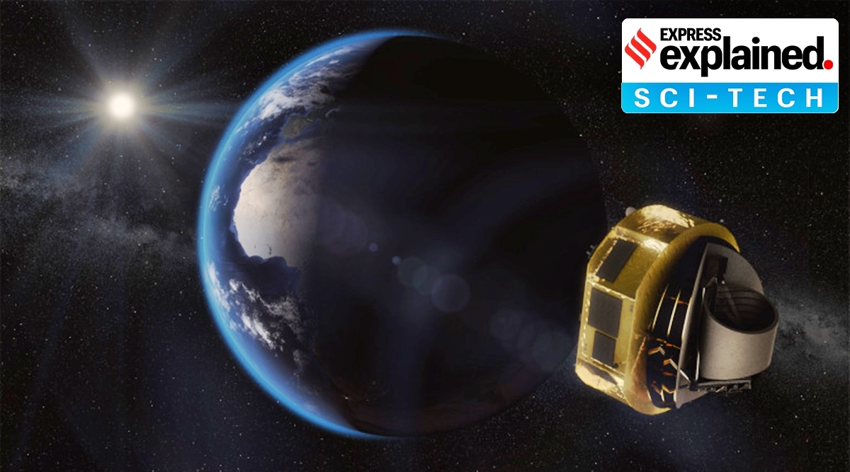 Artist’s impression of Ariel on its way to Lagrange Point 2 (L2). Here, the spacecraft is shielded from the Sun and has a clear view of the whole sky. (Image Credit: ESA/STFC RAL Space/UCL/Europlanet-Science Office)