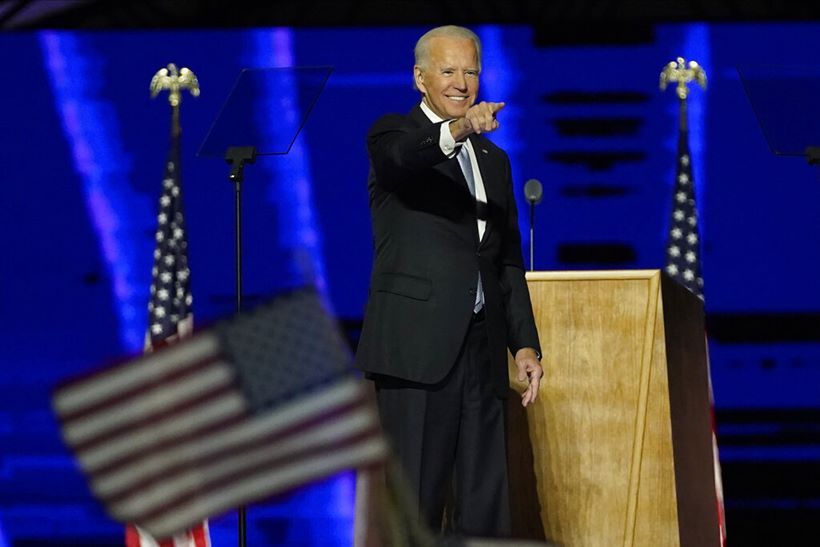 Joe Biden delivering his victory speech on Saturday. (AP)