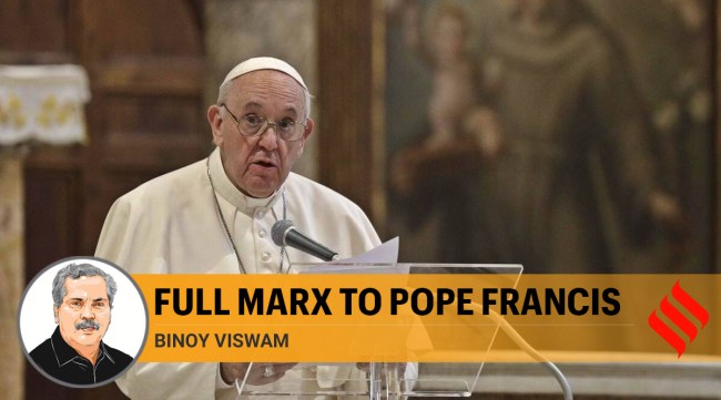 Pope Francis during a inter-religious ceremony for peace in the Basilica of Santa Maria in Aracoeli, in Rome Tuesday, Oct. 20, 2020 (AP Photo/Gregorio Borgia)