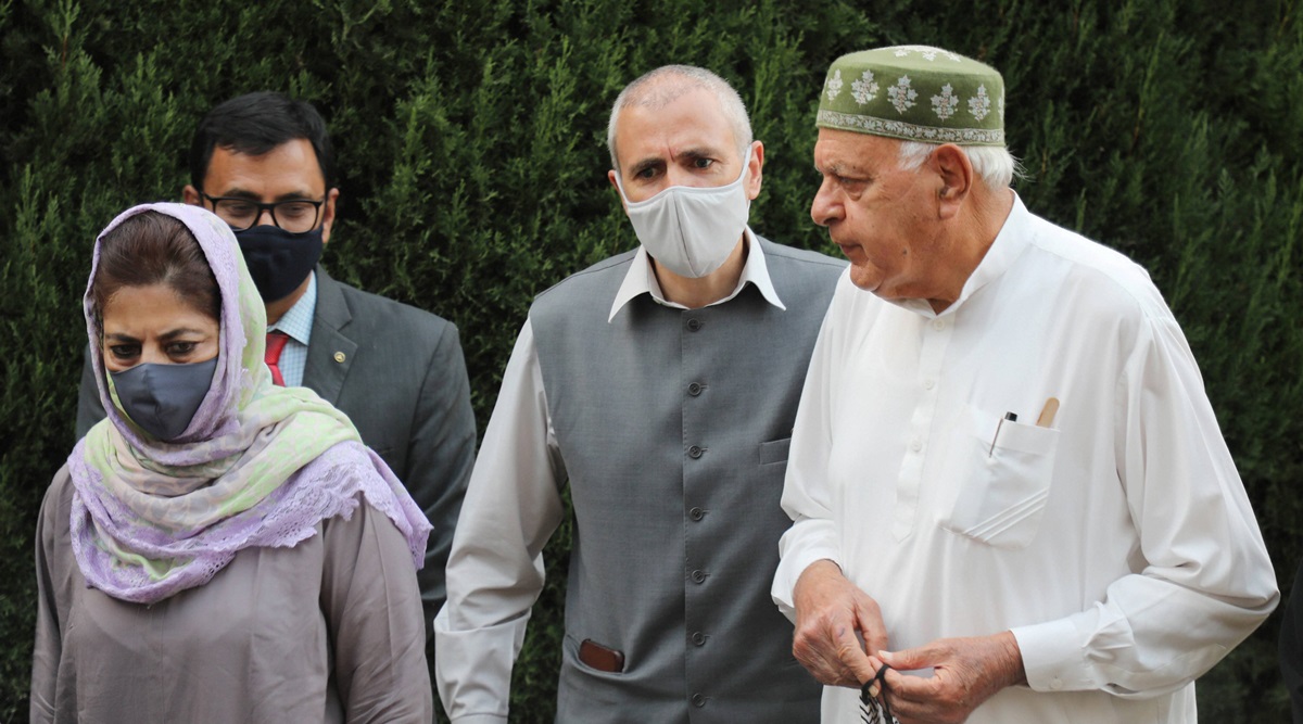 The Abdullahs and Mehbooba Mufti after a meeting on Saturday. (PTI Photo)