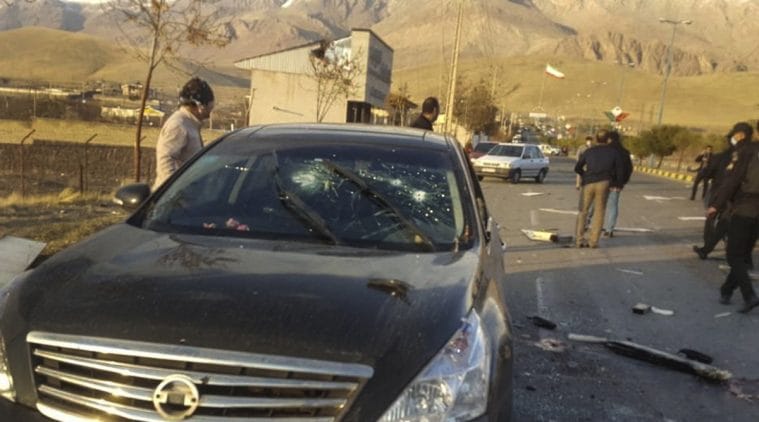 This photo released by the semi-official Fars News Agency shows the scene where Mohsen Fakhrizadeh was killed in Absard, a small city just east of the capital, Tehran, Iran, Friday, Nov. 27, 2020. 
