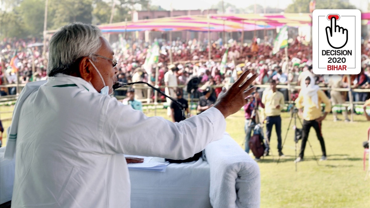 Bihar Chief Minister Nitish Kumar addresses an election rally for Assembly polls, in Bhagalpur, Saturday, Oct. 31, 2020. (PTI) 
