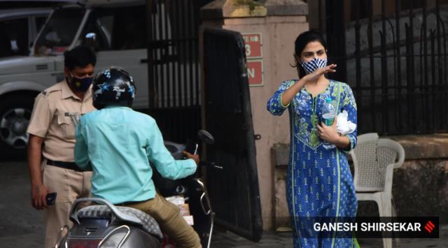 Rhea Cakraborty outside sessions court in Mumbai on Monday afternoon,.
Express photo by Ganesh Shirsekar