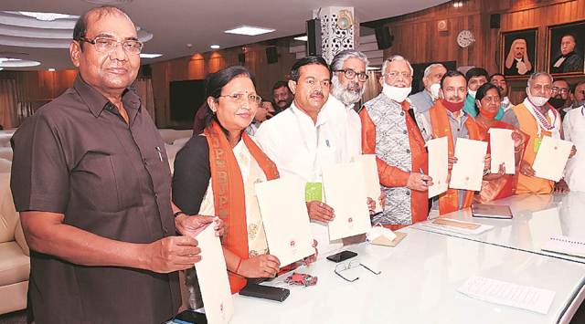 Newly-elected BJP Rajya Sabha MPs in Lucknow. (Express Photo)