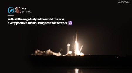 SpaceX, NASA, Twitter reaction, SpaceX Crew 1 mission, SpaceX Crew 1 mission launch, SpaceX Falcon 9, Space x Resilience, Space x to ISS, international space station, Elon musk, Space x second crew to space, #Spacex, #NASA, Space X and NASA, Trending news, Space travel, Indian express-news.