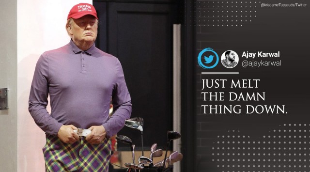 Madame Tussauds, London, Donald Trump, Donald Trump wax figure in London, golf attire, 2020 US election, Donald Trump wax figure as golfer, Donald Trump wax figure in gold attires, Donald Trump golfing, US election result, Trending news, Indian Express news.