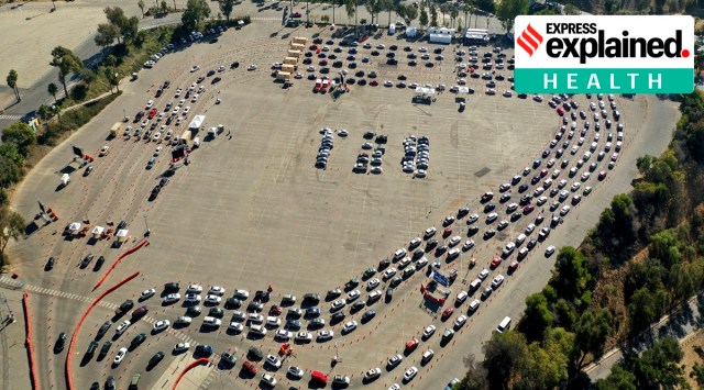 Drivers wait in long lines at a Covid-19 testing site in a parking lot at Dodger Stadium in Los Angeles. (Dean Musgrove/The Orange County Register via AP, File)