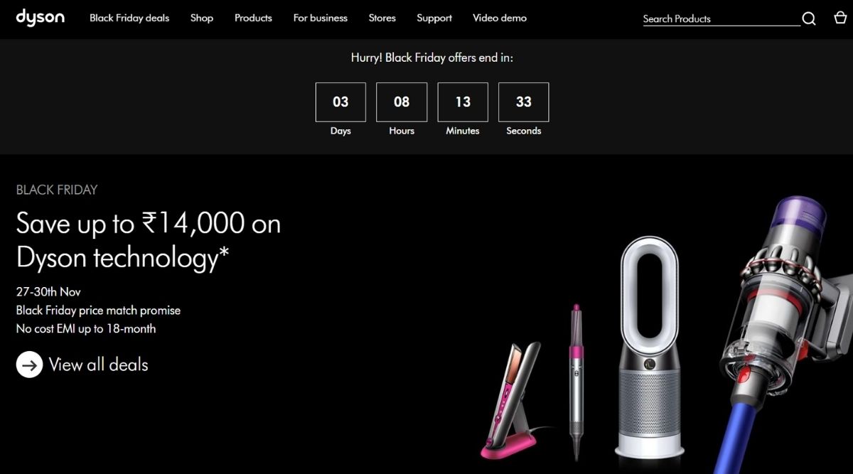Dyson, Dyson India, Dyson India Black Friday sale, Dyson Black Friday sale, Dyson Airwrap Styler complete set, Dyson Corrale straightener, Dyson Supersonic hairdryer, Dyson V11 Absolute Pro, Dyson Cyclone V10 Absolute Pro, Dyson Cyclone V8 Absolute+, Dyson Pure Cool air purifier, Dyson Pure Hot+Cool air purifier and heater, Dyson Pure Cool Link air purifier