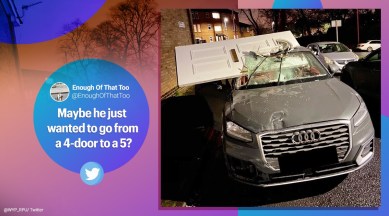 audi crash, audi crash carry house door, driver crash carry front door on windscreen, wired car wreck, funny car wreck photos, viral news, indian express