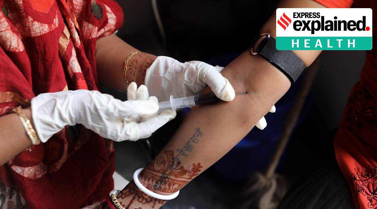 Health workers collect blood samples and take details during the sero survey at a dispensary in Majnu Ka Tila (Express photo by Abhinav Saha)