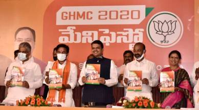 GHMC polls, greater Hyderabad municipal corporation polls, Hyderabad civic elections, BJP manifesto Hyderabad civic elections, TRS, AIMIM, Hyderabad news, indian express