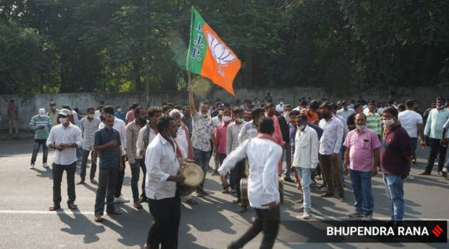 Scenes from outside polytechnic college in Vadodara where counting of the fifth round of EVM is commencing on Tuesday. (Express Photo By Bhupendra Rana)