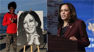 kamala harris, kamala harris portrait, teenger viral harris portrait, kamala harris call teen artist, Tyler Gordon, Tyler Gordon kamala harris portrait, viral news, indian express