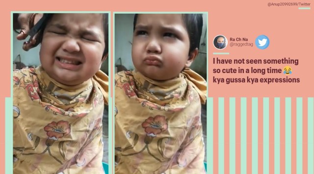 child upset with haircut, angry kid haircut video, kid angry over haircut video, Anushrut hair cut video, viral video, cute baby haircut videos, indian express,