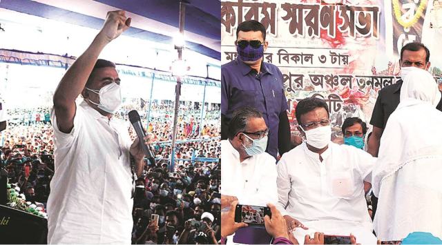 Minister Suvendu Adhikari at a rally in Nandigram's Tekhali More, and his Cabinet colleague Firhad Hakim and other TMC leaders at a separate gathering at Hazra Kata on Tuesday. Partha Paul