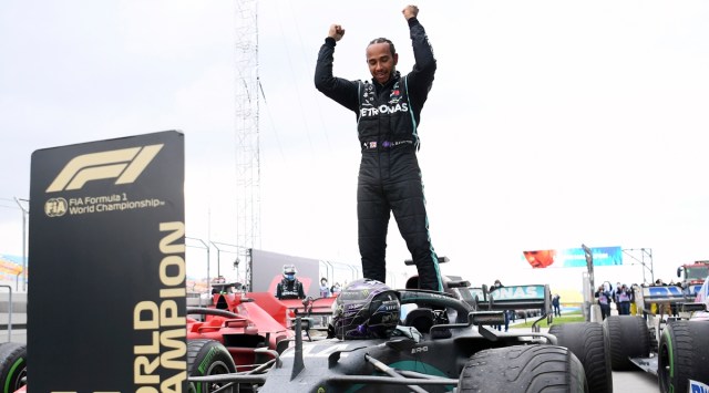 Lewis Hamilton celebrates after winning the Turkish GP. (AP)