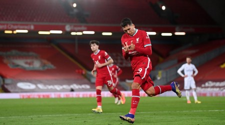 Liverpool's Roberto Firmino celebrates scoring their third goal (Source: Reuters)
