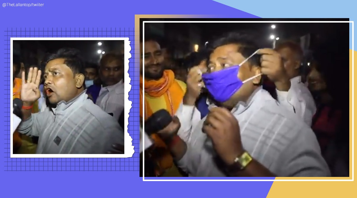 man puts own mask on friend, bihar election, bihar man puts mask on friend, lallantop friend mask videos, bihar funny video, indian express, bihar news