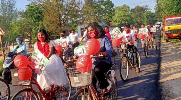 Kerala, political face masks, face masks as a campaign strategy, facemasks campaign tool, COVID-19, campaign strategies, Local body elections, Kerala news, Kerala local body election, Kerala panchayat elections, election campaign amid coronavirus, Kerala Coronavirus updates, Indian Express news.