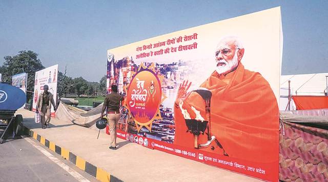 Security personnel review arrangements at the venue ahead of the PM’s visit, in Varanasi on Sunday. (PTI)