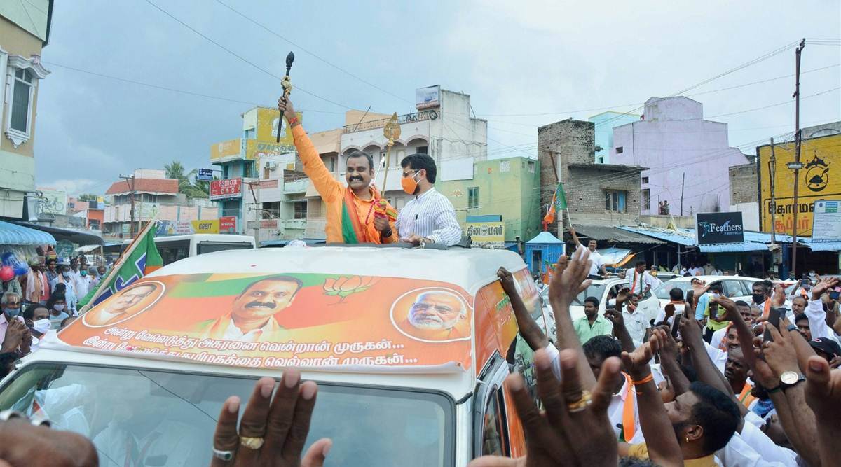 Tamil Nadu BJP President L Murugan along with party workers. (PTI)