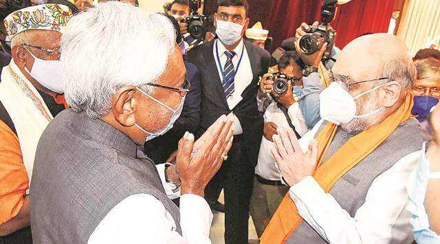 Union Home Minister Amit Shah and Bihar CM Nitish Kumar after the ceremony Monday.  RJD leader Jagdanand Singh said Nitish is being “played by the BJP and the RSS”.  (PTI)