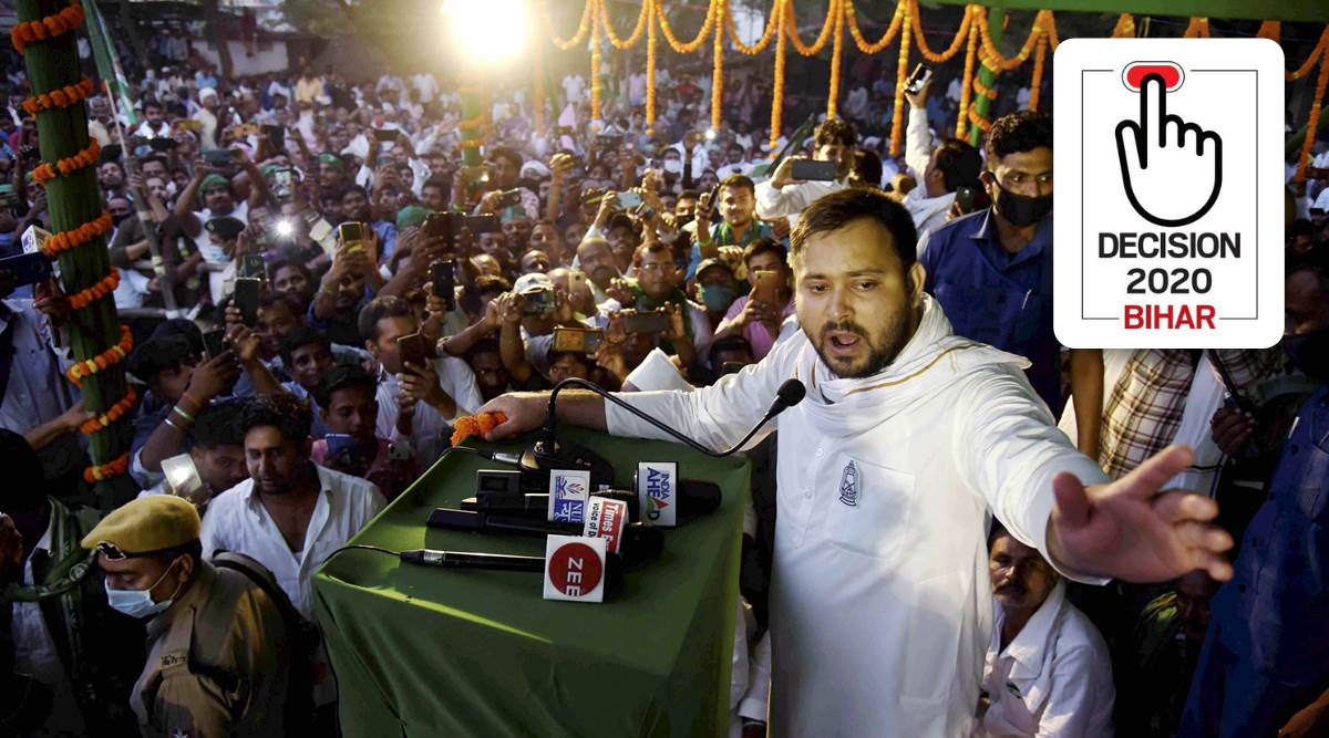Rashtriya Janata Dal  leader Tejashwi Prasad Yadav addresses a campaign rally ahead of the second phase of Bihar Assembly polls, at Bidupur Raghopur. (PTI Photo)