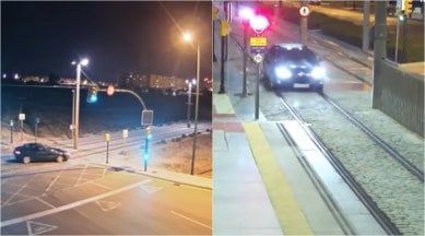 drunk driver drives on train tracks, spanish woman drives on tracks, drunk driving, drunk driving funny videos, indian express, viral videos, viral news