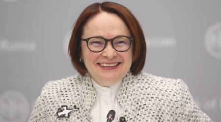 Elvira Nabiullina during a rate announcement news conference in Moscow, on Feb. 7, 2020. (Image source: Bloomberg)
