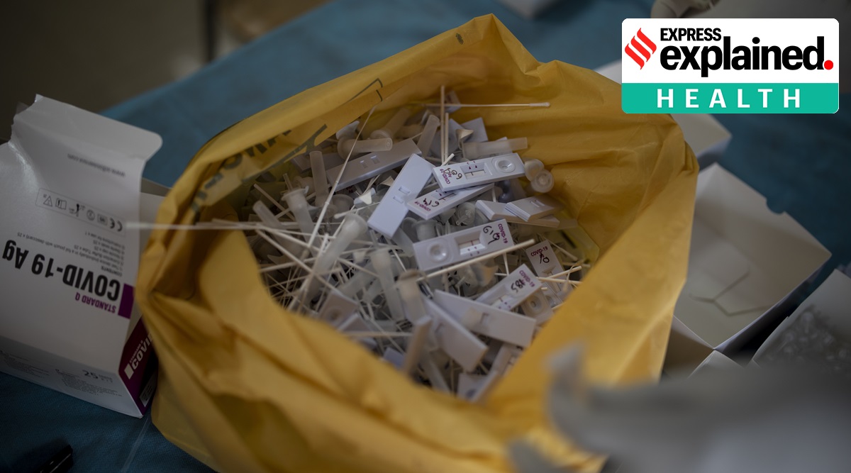 Used rapid test kits for Covid-19 are seen inside a bag in New Delhi. Fortunately, data on viral load is readily available, built into results from the PCR tests. (AP Photo: Altaf Qadri, File)