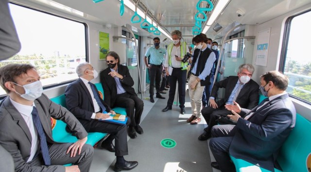 German ambassador Walter J Lindner, French ambassador Emmanuel Lenain and EU ambassador Ugo Astuto travelling in the Kochi Metro. (Express)