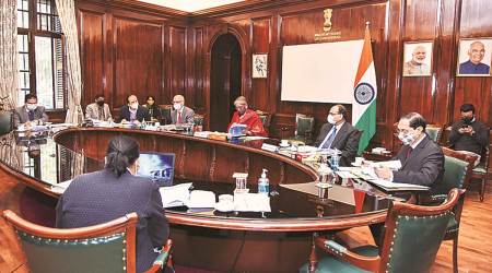 Finance Minister Nirmala Sitharaman (centre) at the FSDC meeting at North Block in New Delhi on Tuesday. (PTI)