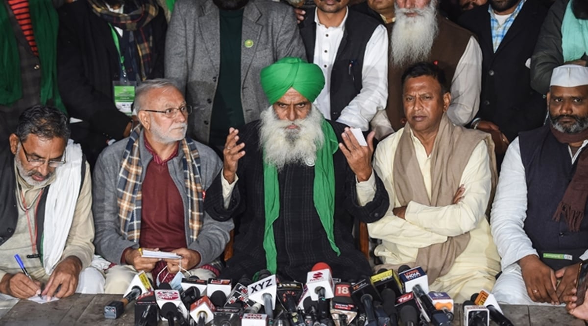 Farmers leaders Jagjit Singh Dallewal (C), Rishipal Ambawat (R,) Inderjit Singh (2ndL), Yudhvir Singh (L,) and others during a press conference after a meeting of Joint Farmer Front (Sanyukt Kisan Morcha), regarding their protest against the new farm laws, at Singhu border, in New Delhi, Tuesday, Dec. 15, 2020. (PTI)