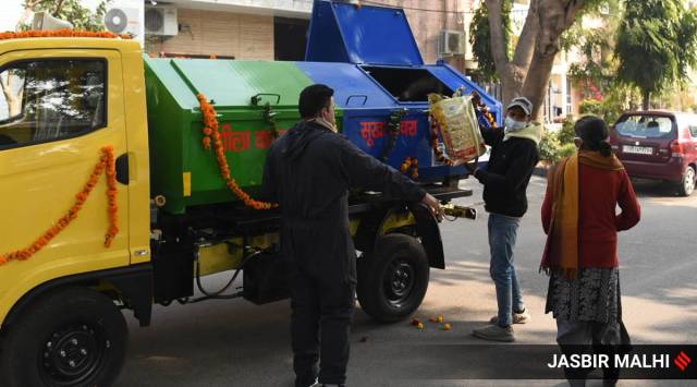Garbage segregation vans during Garbage collection work in Chandigarh . Express photo 