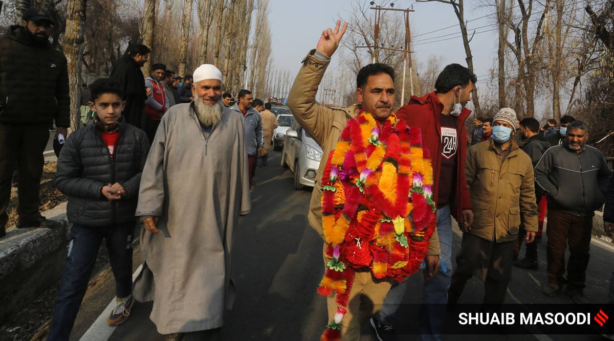 Manzoor Ahmad, a candidate of the People’s Alliance for Gupkar Declaration, celebrates his win from a DDC constituency in Srinagar on Tuesday. (Shuaib Masoodi)