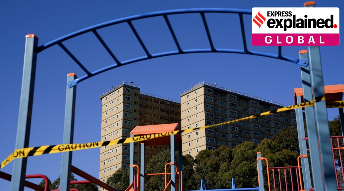 A playground is cordoned off with caution tape in front of a public housing tower, locked down in response to an outbreak of the coronavirus disease (COVID-19), in Melbourne, Australia, July 8, 2020. (Reuters)