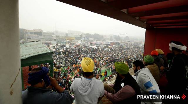 Farmers at the protest site near Singhu border in New Delhi.