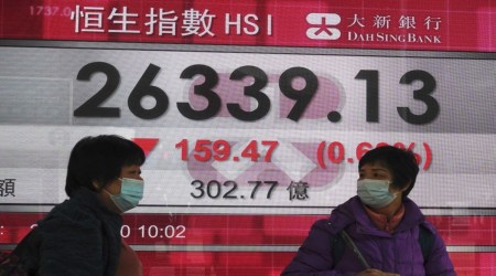 People wearing face masks walk past a bank's electronic board showing the Hong Kong share index in Hong Kong, Monday, Dec. 21, 2020. Shares have started the week out on a sour note in Asia as worsening coronavirus outbreaks overshadow news that U.S. lawmakers finally have a deal on more support for American families and businesses.(AP Photo/Kin Cheung)
