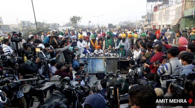 Farmers protesting at at Singhu border.