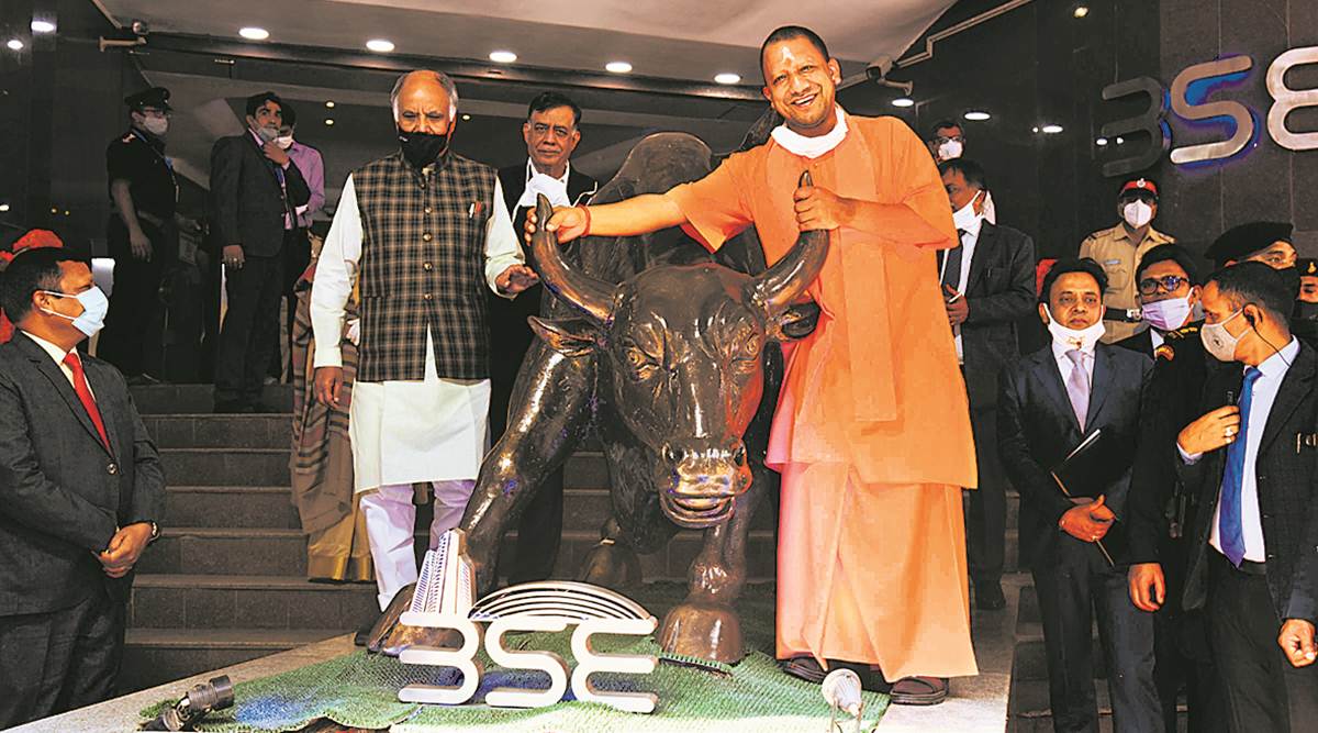 Uttar Pradesh Chief Minister Yogi Adityanath at BSE during the listing of Lucknow Municipal  Corporation bonds. (PTI)