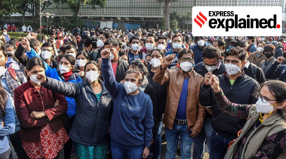 Members of AIIMS Nurses Union raise slogans during their indefinite strike over in New Delhi (PTI Photo/Atul Yadav)(PTI15-12-2020_000098A)