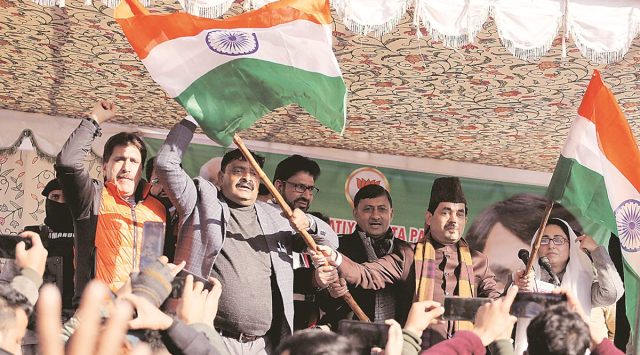 BJP leaders Syed Shahnawaz Hussain and Vibodh Gupta at Bijbehara in Anantnag on Thursday. (Express photo by Shuaib Masoodi)