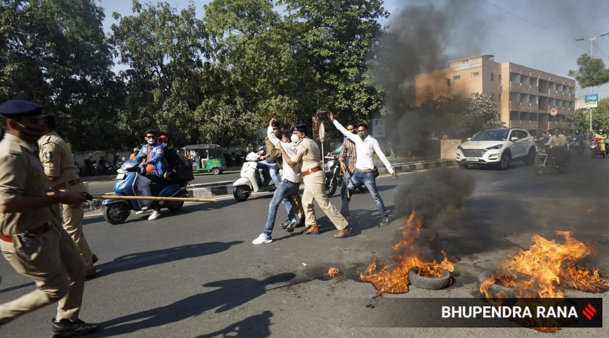 Gujarat protests, Gujarat bandh, Bharat bandh, Congress leaders detained in Gujarat, Farm laws protests, Faremers protests, India news, indian express