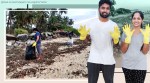 couple clean karnataka beach, newlyweds clean trash beach, karnataka newlyweds cleanliness drive, couple clean Someshwara Beach, good news, swachh bharat, indian express