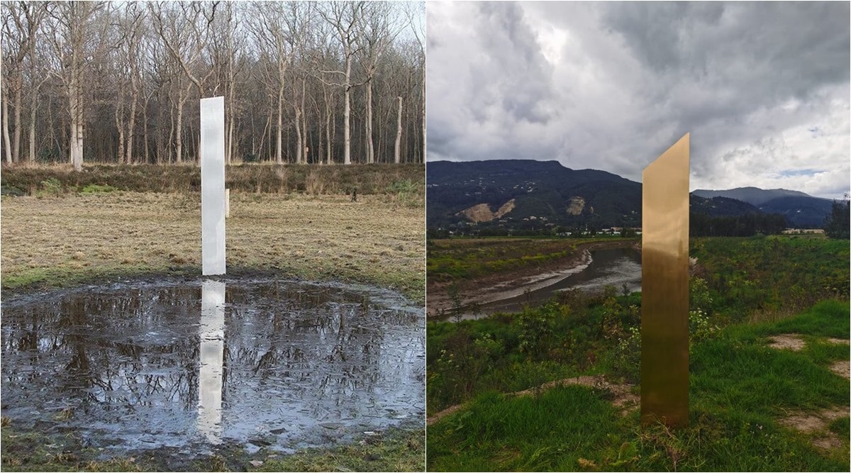 The monolith in Netherlands (L) resembled others in US and Europe, one seen in Colombia was golden in colour. (Source: @marijn_2004, @andven19/Twitter)